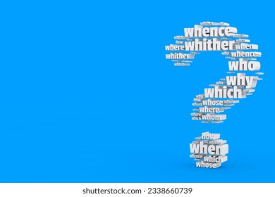 Question Words in Shape of Question Mark on a blue background. 3d Rendering 