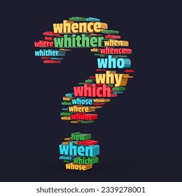 Question Words in Shape of Question Mark on a blue background. 3d Rendering 