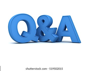 Questions and answers concept blue Q and A text isolated over white background with shadow. 3D rendering.