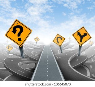 Questions and clear strategy for solutions in business leadership with a straight path to success choosing the right strategic plan with yellow traffic signs cutting through a maze of highways.