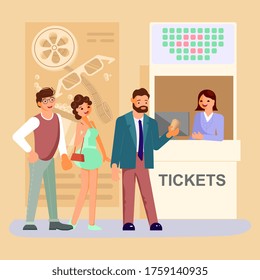 Queue People Buy Cinema Tickets At Service Movie Ticket Counter Theater. Flat Art Vector Illustration