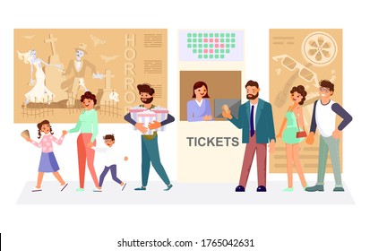 Queue People Buy Cinema Tickets At Service Movie Ticket Counter Theater. Children With Parents Going To The Cinema. Flat Art Rastered Copy