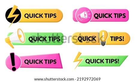 Quick tips and tricks helpful bars, advice, useful clue logos. Light bulb helpful tricks, prompts and suggestion  symbols set. Abstract quick tips emblems. Problem solving messages
