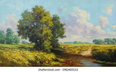 Quiet Stream Flowing Among Summer Meadows And Trees, Oil Painting, Fine Art, Beautiful, Summer, Tree, River, Sky, Landscape, Water, Nature