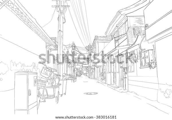 quiet street in an Asian\
city sketch