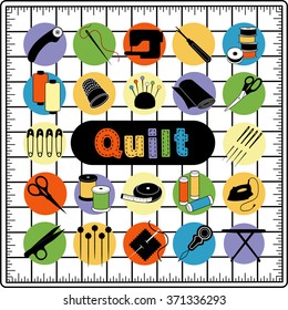 Quilt Icons On Cutting Mat Grid, Tools And Supplies For Sewing, Quilting, Patchwork, Applique, Trapunto, Textile Arts, Crafts: Needle, Thread, Thimble, Scissors, Pins, Cushion, Iron, Fabric, Bobbins.