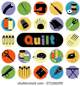 Quilt Icons, Tools And Supplies For Sewing, Quilting, Patchwork, Applique, Trapunto, Textile Arts And Crafts: Needle, Thread, Thimble, Scissors, Pincushion, Iron, Ironing Board, Fabric, Bobbins, Tape.