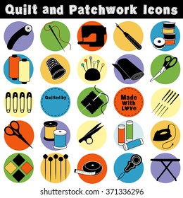 Quilt Icons, Tools And Supplies For Sewing, Quilting, Patchwork, Applique, Trapunto, Textile Arts, Crafts: Needle, Thread, Thimble, Scissors, Pincushion, Iron, Fabric, Bobbins, Labels, Made With Love.