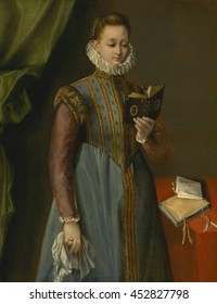 Quintilia Fischieri, By Federico Barocci, C. 1600, Italian Renaissance Painting, Oil On Canvas. Mannerist Portrait Of A Standing Young Women Reading. Her Costume Is Elegantly Rich With A High Ruff Co