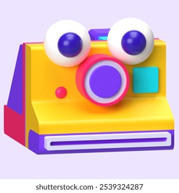 A quirky 3D retro instant camera icon featuring an eye in the lens, symbolizing creativity, vision, and nostalgia in a playful, groovy style - Powered by Shutterstock