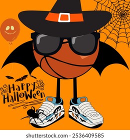 A quirky basketball-themed character dressed for Halloween with a witch hat, bat wings, and festive elements. - Powered by Shutterstock