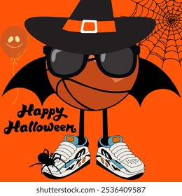 A quirky basketball-themed character dressed for Halloween with a witch hat, bat wings, and festive elements. - Powered by Shutterstock