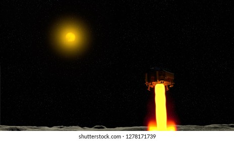 Quito, Pichincha / Ecuador - January 7 2019: China`s Chang E 4 Lunar Probe And Yutu 2 Lunar Rover Landing On The Surface Of The Moon On January 3, 2019 With The Sun In The Background. 3D Illustration