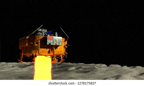 Quito, Pichincha / Ecuador - January 7 2019: China`s Chang E 4 Lunar Probe And Yutu 2 Lunar Rover Landing On Surface Of Moon On January 3, 2019 With The Outer Space In The Background. 3D Illustration