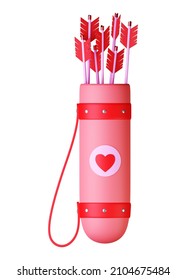 Quiver with arrows. 3d render of cupid's quiver with love arrows. Heart patch. Leather product with iron rivets. Valentine's day symbol. Illustration in cartoon style, isolate.