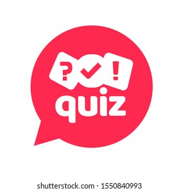 Quiz logo icon symbol, flat cartoon red bubble speech with question and check mark signs as competition game or interview logotype, poll or questionnaire modern creative horizontal insignia