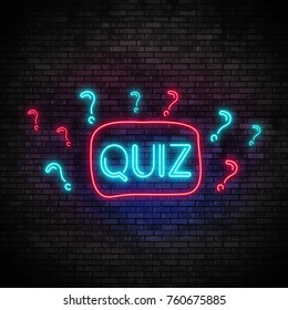 Quiz Neon Light On Brick Wall. Night Club Bar Blinking Sign Style. 3d Render Illustration.