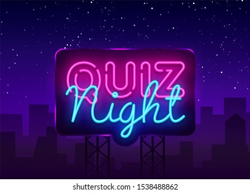 Quiz Night Announcement Poster Design Template. Quiz Night Neon Signboard, Light Banner. Pub Quiz Held In Pub Or Bar, Night Club. Questions Game Bright Retro Light Sign. Billboard.