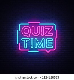 Quiz Time Announcement Poster Neon Signboard . Pub Quiz Vintage Styled Neon Glowing Letters Shining, Light Banner, Questions Team Game. Illustration.