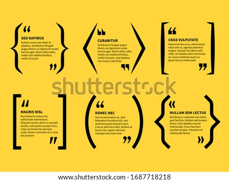 Quotation in brackets. Text in quotes marks, typographic speech bubbles. Note message comment, short opinion. Bracket templates of forum dialogue conversation set