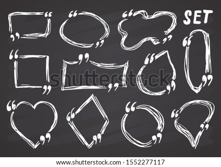 Quote boxes and quotation frames hand drawn set, sketch doodle illustration on chalkboard background.