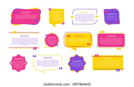 Quote frames blank templates set on white background. Remark. Bubble  comment, message borders, boxes, banners. Speech  balloon with quotation marks, think, speak, talk, commas, 