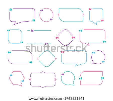 Quote frames blank templates set on white background. Remark. Bubble  comment, message borders, boxes, banners. Speech  balloon with quotation marks, think, speak, talk, commas, text box.