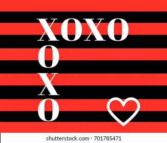 Quote:  XOXO (hugs and kisses) typography on a bold red and black stripe and with a heart - Powered by Shutterstock