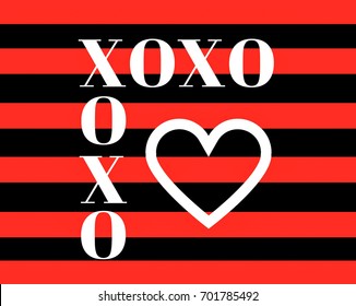 Quote:  XOXO (hugs and kisses) typography on a bold red and black stripe and with a heart - Powered by Shutterstock