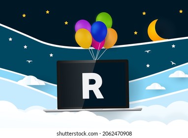 R Programming Language. Balloons Carries Laptop With Letter R 