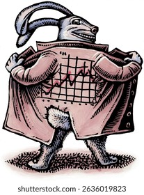 Rabbit in brown trench coat overcoat with stock fever chart on back, opening the front like he's a flasher.