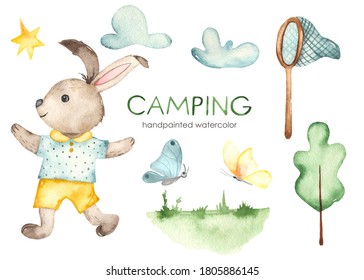 Rabbit, Butterfly Net, Butterflies, Tree, Clouds. Camping Watercolor Clipart