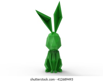 Rabbit Character. Cartoon Low Poly 3D Illustration Of Animal. Green Triangles And Polygons. On White Background Isolated With Shadow.