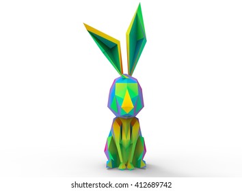 Rabbit Character. Cartoon Low Poly 3D Illustration Of Animal. Rainbow Colors Triangles And Polygons. On White Background Isolated With Shadow.