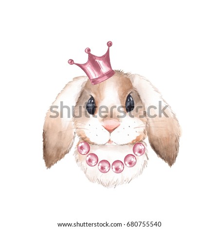Rabbit and crown. Watercolor illustration. Isolated on white background