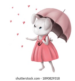 rabbit girl and an umbrella under the rain hearts  valentines day illustration  love you card  cute caracter for card   other design