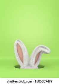 Rabbit In Hole On Green Background. Easter Greeting Card With Copy Space. 3D Rendering