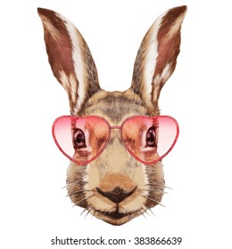 Rabbit in Love! Portrait of Rabbit with sunglasses. Hand-drawn illustration, digitally colored. 