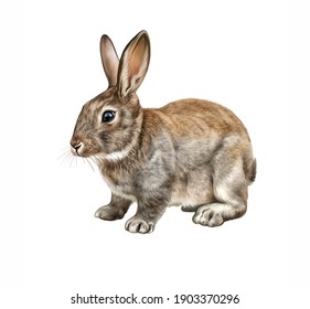 The Rabbit (Oryctolagus Cuniculus), Realistic Drawing, Illustration For Animal Encyclopedia, Isolated Image On White Background