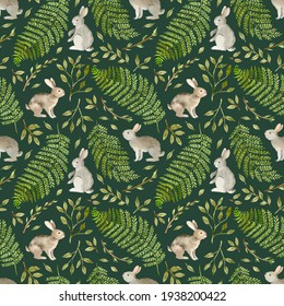 Rabbits seamless pattern. Forest animals ornament for fabric, wallpaper and wrapping paper. Spring design. Fern, branches and leaves