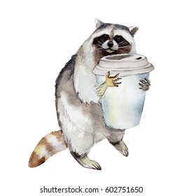 Raccoon with coffee mug, animal character isolated on white background watercolor illustration.