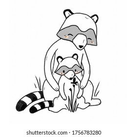 The Raccoon Family Is Exploring Nature. Close Relationship, Warm. Children's Illustration, Family Psychology, Cute Animals, Family Relationships. Pictures For Instagram Posts.