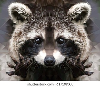 Raccoon Head With Hands. Polygonal Animal Graphic Design.