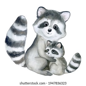 Raccoon. Mom and baby isolated on white background. Forest animals. Cartoon. Watercolor. Illustration Template