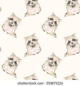 Raccoon Pattern. Watercolor Seamless Background 