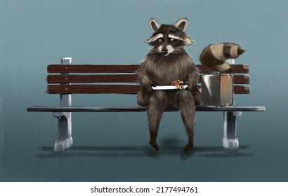 Raccoon ,raccoon Sitting On Bench
