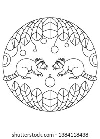 Raccoons pattern. Illustration of raccoons. Mandala with an animal.  Raccoons in a circular frame. Coloring page for kids and adults.