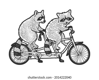 raccoons ride tandem bike sketch engraving raster illustration. T-shirt apparel print design. Scratch board imitation. Black and white hand drawn image.