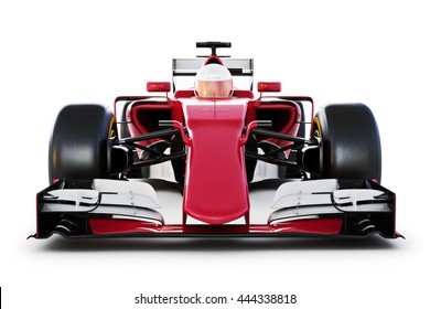 Race Car And Driver Front View On A White Isolated Background. 3d Rendering