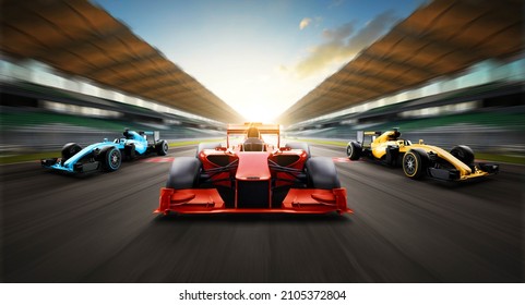 Race Car Racing On Speed Track, Car Race On Asphalt Road Race Track Crossing Start And Finish Line With Motion Blur Background. 3D Rendering.